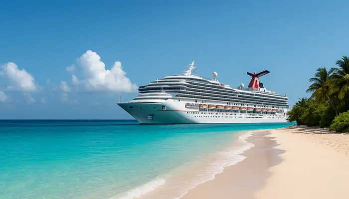 Cruise ship near white sand beach